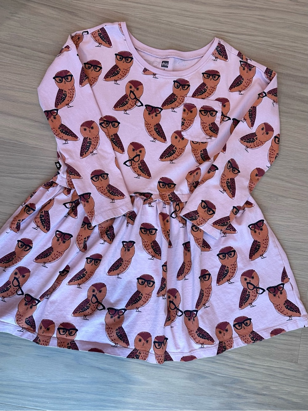 Tea Collection Pink Owl Print Long Sleeve Dress